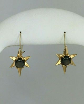 Vintage Dark Star 1.  5 ctw Black Star Sapphire 14k Gold Dangle Earrings 2