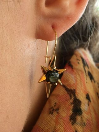 Vintage Dark Star 1.  5 ctw Black Star Sapphire 14k Gold Dangle Earrings 3