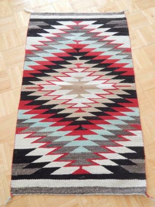 Vintage Navajo Indian A/b Rug Handspun With Rare Turquoise Etc.  Colors -