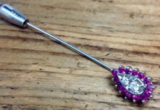 ANTIQUE 14K SOLID WHITE GOLD DIAMOND & RUBY STICK PIN 2.  5g.  (E26) 5