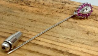 ANTIQUE 14K SOLID WHITE GOLD DIAMOND & RUBY STICK PIN 2.  5g.  (E26) 6