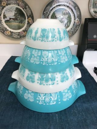 Set Of 4 Vintage Pyrex Glass Amish Butterprint Cinderella Mixing Bowls