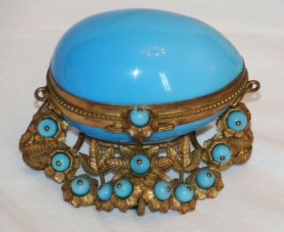 Antique 19th C.  Palais Royal French Blue Opaline Glass Egg - Shaped Trinket Box.