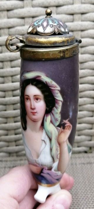Antique 19th Century German Hand - Painted Porcelain Pipe Bowl Smoking Portrait