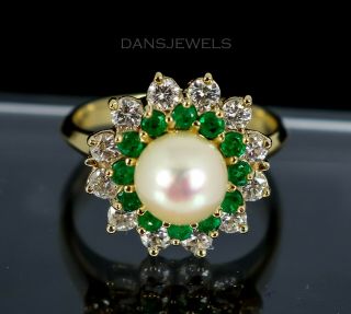 Vintage 18k Yellow Gold Natural Diamond Emerald & Pearl Ring Sz 5