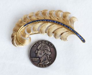 Vintage 14K Yellow Gold Feather Scarf Pin with Blue Sapphires (07925) 10