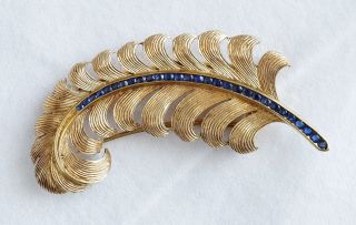 Vintage 14k Yellow Gold Feather Scarf Pin With Blue Sapphires (07925)