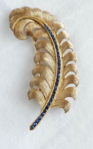 Vintage 14K Yellow Gold Feather Scarf Pin with Blue Sapphires (07925) 2
