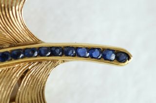 Vintage 14K Yellow Gold Feather Scarf Pin with Blue Sapphires (07925) 9