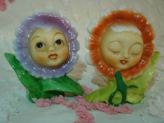 Vintage Anthropomorphic Flower Face Salt And Pepper Shakers