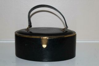 Vtg Bienen Davis Purse Oval Box Bag With Mirror,  Black Leather 1950 