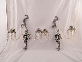 Vintage 2 Candle Holder Candelabra Silver Tone With Prisms Wall Sconce