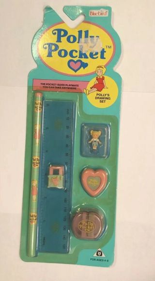 Vintage Polly Pocket Nip Drawing Set Pencil Ruler Figure 1991 Bluebird