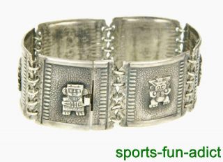 Vintage Peru 900 Silver Aztec Figural Panel 26.  8mm Wide Link 7 " Bracelet