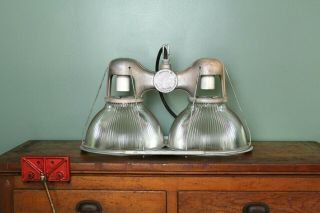 Vintage Holophane Cast Industrial Hanging Light Lamp Double Glass Pendant