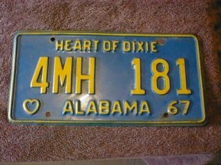 Vintage Heart Of Dixie Alabama 67 License Plate Tag 4mh 181 1967 Car Auto County