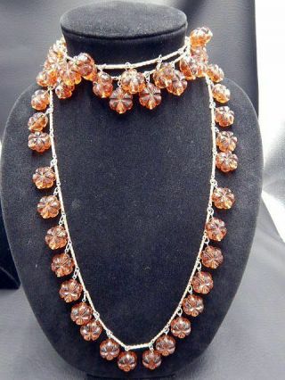 Vintage Necklace Signed Crown Trifari 55 " Lariat Chain W/ Translucent Flowers
