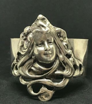 Antique Sterling Silver Art Nouveau Woman Cuff Bracelet Heavy 61 Grams