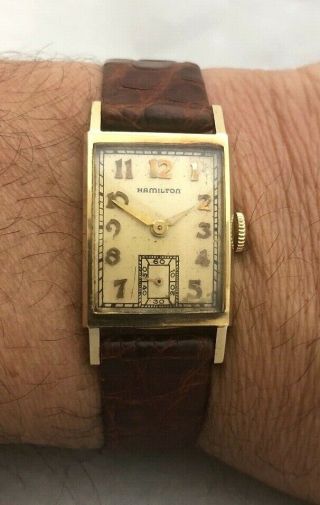 Look 14k Solid Yellow Gold Vintage Estate Mens Hamilton 19j Tank Wristwatch