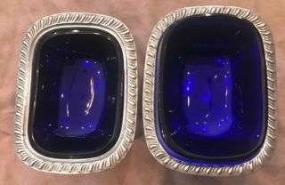 ✨antique Silver Salt Cellar With Combat Blue Glass Liner Vintage Pair Unmarked