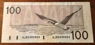Extremely Rare Solid Radar 100$ Note Ajr9999999 Bc - 60a - I Thiessen/crow