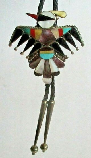 Vtg Zuni Bobby & Corraine Shack Inlaid Silver Bolo Pendant Hopi Bird Thunderbird