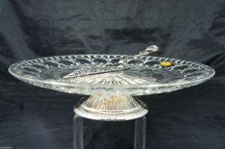 SILVER PLATE & CRYSTAL CAKE PLATE ON STAND ETCHED PIE SERVER SET NIB ITALY 3