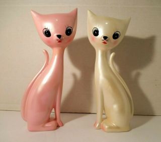 2 Vintage Mcm Pink & White Cat Figurines 10 " Tall Cnc Los Angeles Japan