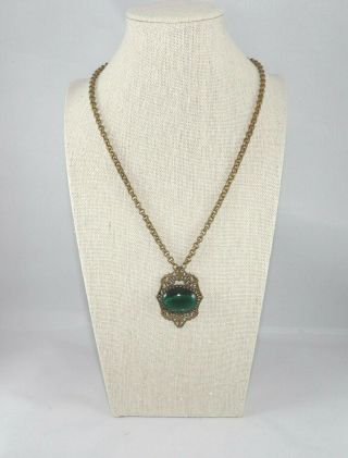 Vintage Art Deco Czech Filigree And Green Cabochon Necklace