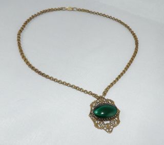 Vintage Art Deco Czech Filigree and Green Cabochon Necklace 3