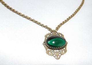 Vintage Art Deco Czech Filigree and Green Cabochon Necklace 4