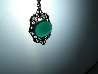 Vintage Art Deco Czech Filigree and Green Cabochon Necklace 5