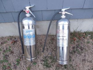 2 Vintage Stainless Steel Fire Extinguishers