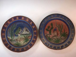 Vintage Mexican Tlaquepaque 2 Ceramic Pottery Plates San Antonio 1933 - 34