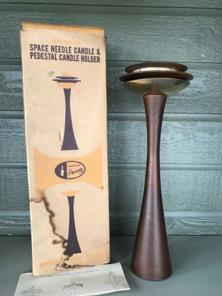 Vintage Seattle Space Needle Mcm Wood Brass Candle Holder W/ Box Insert Large