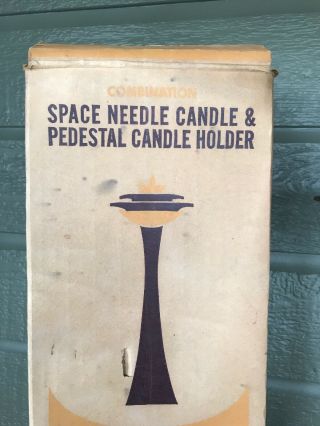 Vintage Seattle Space Needle MCM Wood Brass Candle Holder w/ Box Insert Large 8