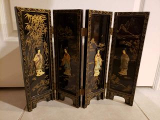 Vintage Antique Chinese Folding Jade? Lacquer Mini Screen Panel 18.  25 " W 14 " H