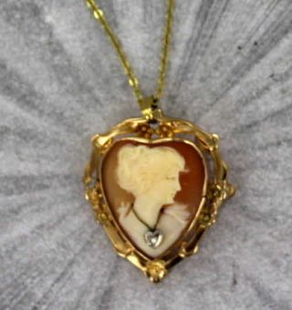Vintage Antique Heart Shell Cameo In 14kt Gold Pin And Pendant