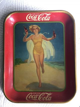 VINTAGE 1937 COCA COLA ADVERTISING TIP TRAY girl running on beach 2