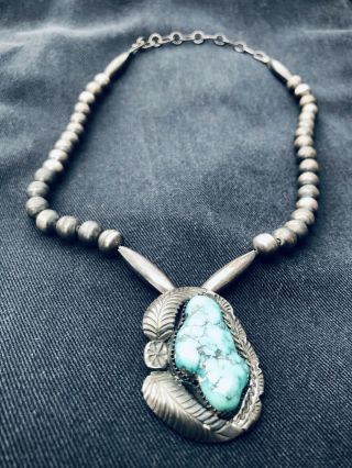 Vtg Navajo Pearl Bead Sterling Silver And Turquoise Pendant Necklace