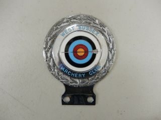 Vintage Chrome Enamel West Sussex Archery Club Car Badge Auto Emblem