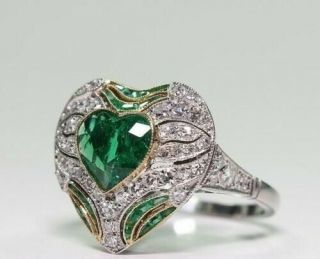 Antique Vintage 925 Silver Lovely Heart Shape Green Diamond Wedding Ring 3.  10 Ct