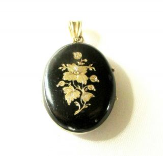 Old Antique Victorian Black Enamel Mourning Locket With 9ct Gold Detail