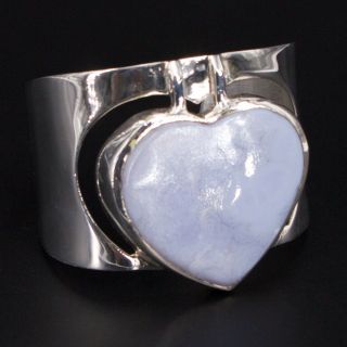 Vtg Sterling Silver - Cory Chalcedony Heart 6.  5 " Statement Cuff Bracelet - 66g