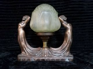 Art Nouveau Spelter Figural Ladies Lamp No 192 W/ Uranium Glass Shade - Art Deco