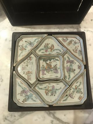 Antique Chinese Famille Rose Porcelain Sweet Meat Dishes With Wood Box