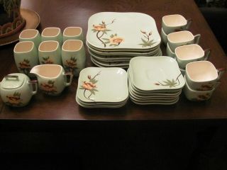 Vintage Mid Century Modern Weil Ware Celedon Blossom Set Of 36 Dishes