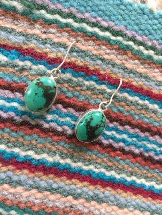 Vintage Navajo Green Turquoise Sterling Silver French Ear Wire Dangle Earrings.