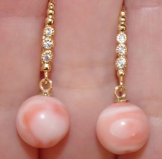 Antique Gorgeous 14k Gold Fill Angel Skin Coral Drop 10mm Ball Earrings W Cz Ss