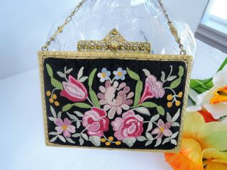 Antique Victorian Petite Point Purse Gilt Filigree Frame Czech Stonework